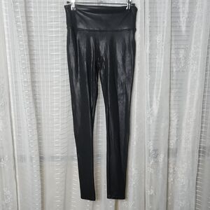 SPANX Black Vegan Leather Tummy Control Leggings Women's Sz Small